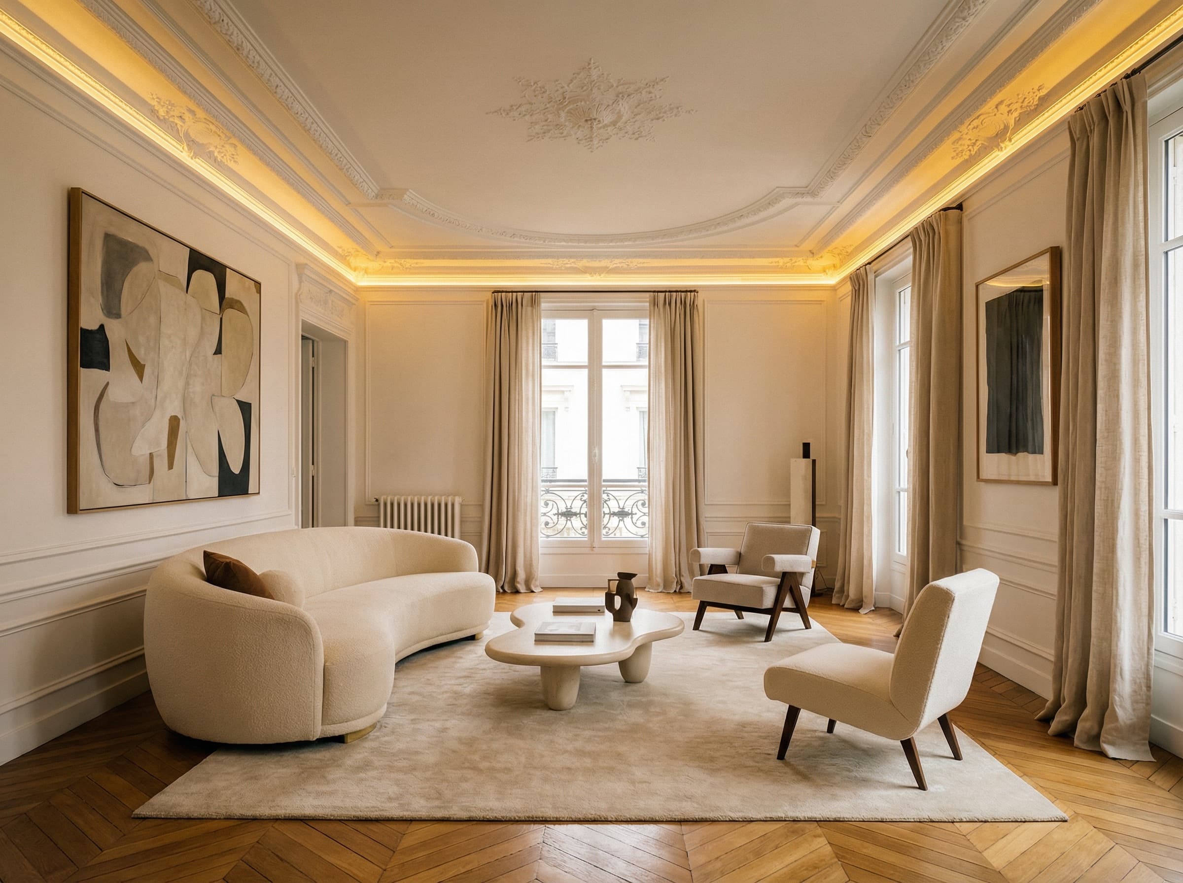 Éclairage LED sur corniche dans salon