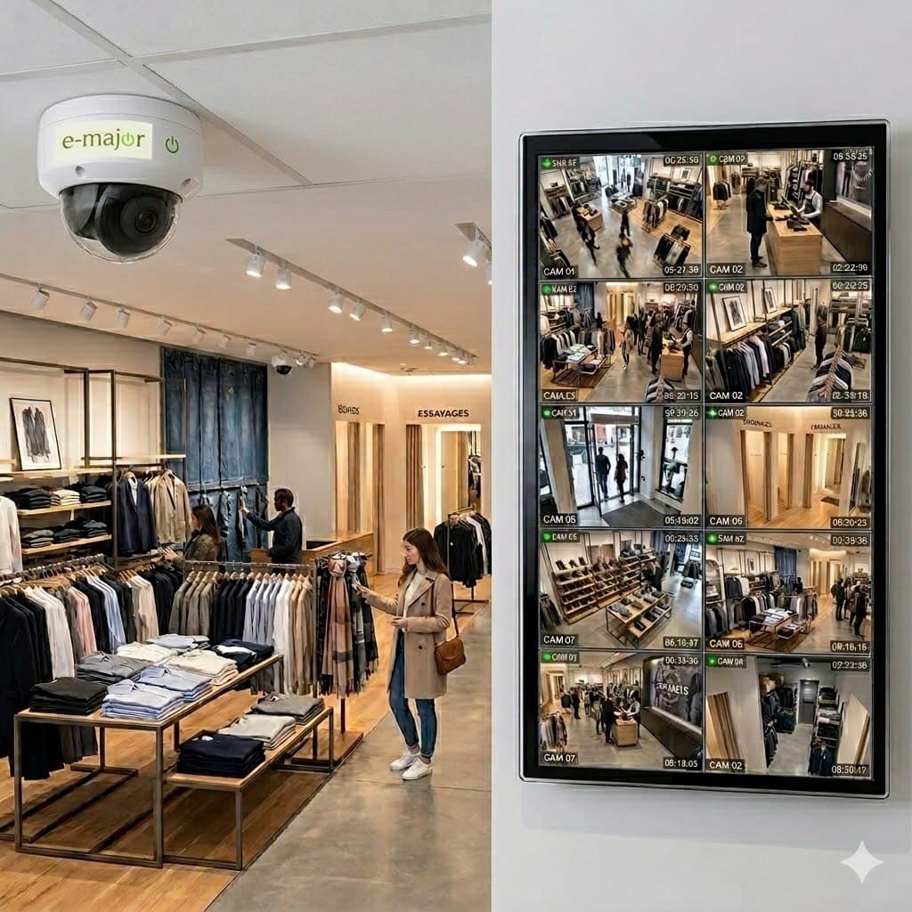 Caméra dôme de vidéoprotection en boutique avec écran de supervision multi-caméras