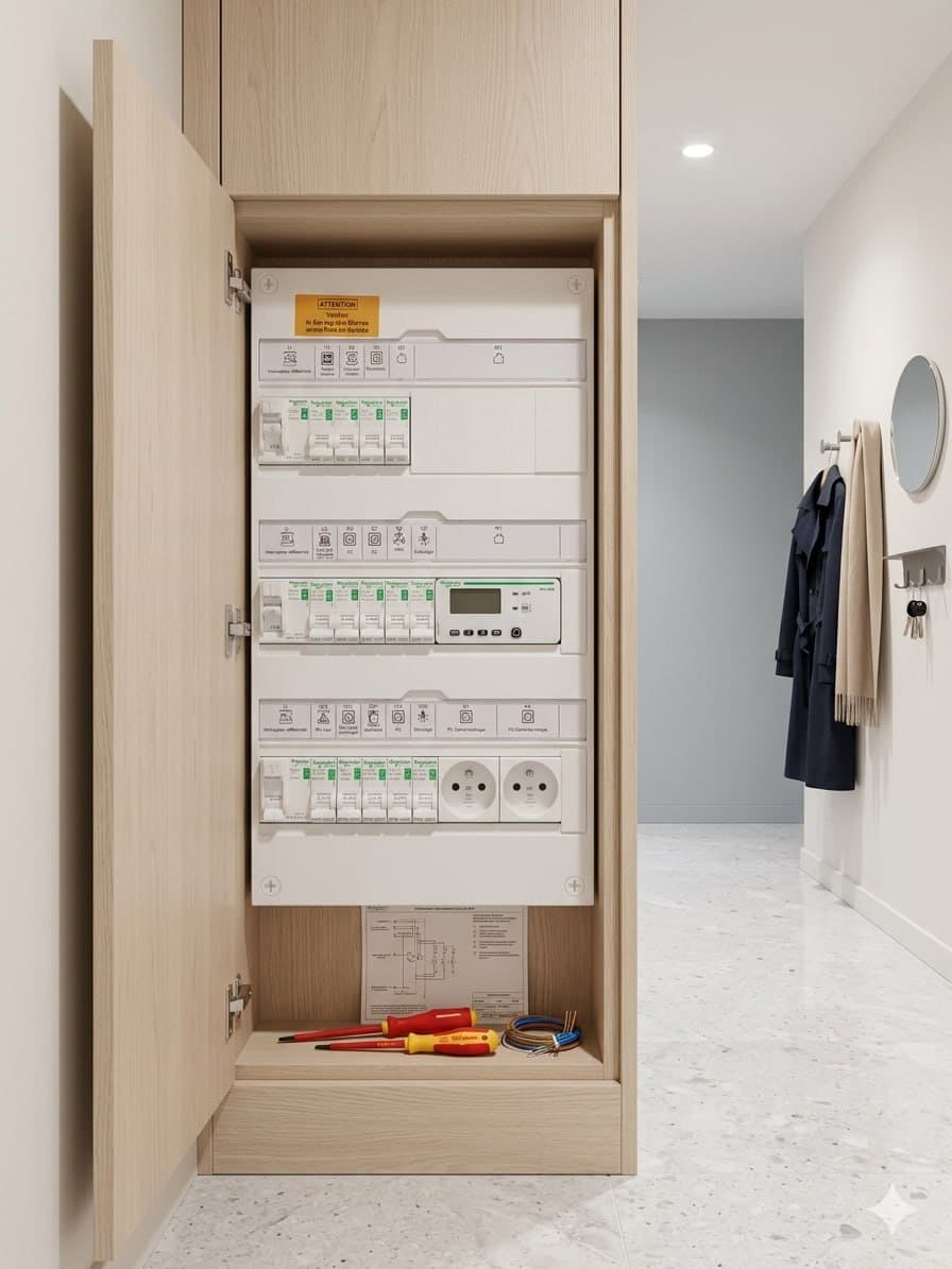 Coffret électrique 3 rangées monté-câblé Schneider Resi9 dans placard d'entrée